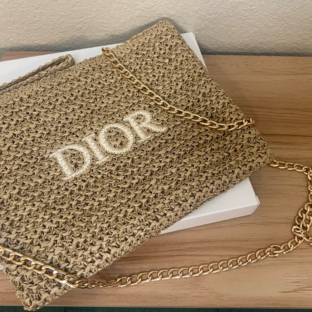 Dior Beige Woven Crossbody Bag with Gold Chain